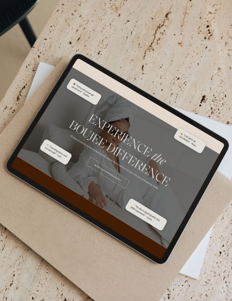 Showit Esthetician Website Design Mockup: Call to Action with Reviews